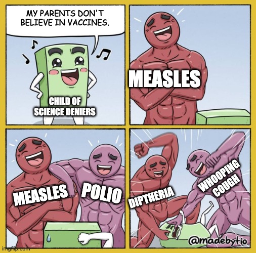 Guy getting beat up | MY PARENTS DON'T BELIEVE IN VACCINES. CHILD OF SCIENCE DENIERS MEASLES MEASLES POLIO DIPTHERIA WHOOPING COUGH | image tagged in guy getting beat up | made w/ Imgflip meme maker