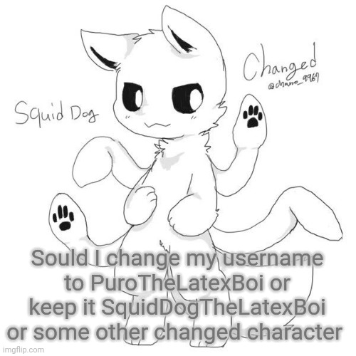 Squid dog | Sould I change my username to PuroTheLatexBoi or keep it SquidDogTheLatexBoi or some other changed character | image tagged in squid dog | made w/ Imgflip meme maker