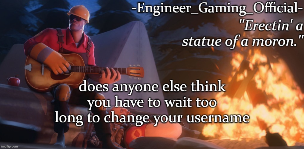 Engineer Gaming Official temp | does anyone else think you have to wait too long to change your username | image tagged in engineer gaming official temp | made w/ Imgflip meme maker