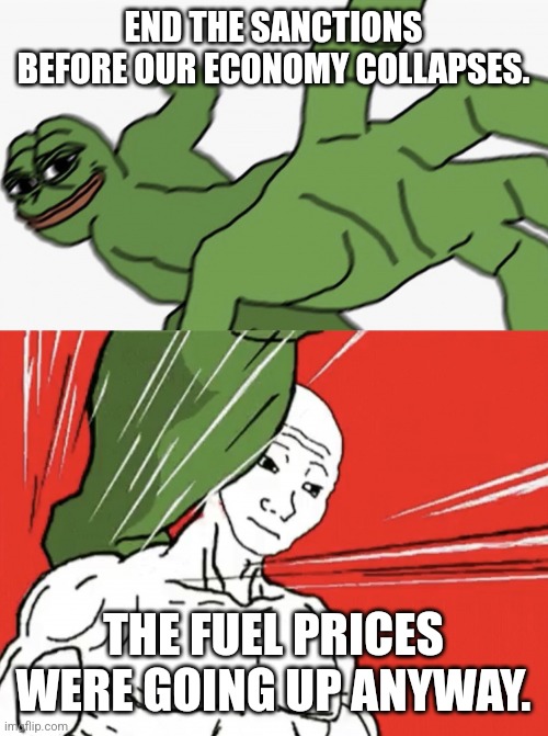 End the Sanctions. | END THE SANCTIONS BEFORE OUR ECONOMY COLLAPSES. THE FUEL PRICES WERE GOING UP ANYWAY. | image tagged in pepe punch vs dodging wojak | made w/ Imgflip meme maker