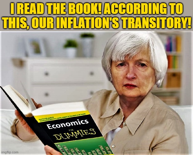 Janet Yellen economics for dummies | I READ THE BOOK! ACCORDING TO
THIS, OUR INFLATION'S TRANSITORY! | image tagged in political humor,janet yellen,secretary,inflation,book for dummies,economics | made w/ Imgflip meme maker