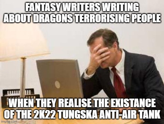 Idiots | FANTASY WRITERS WRITING ABOUT DRAGONS TERRORISING PEOPLE; WHEN THEY REALISE THE EXISTANCE OF THE 2K22 TUNGSKA ANTI-AIR TANK | image tagged in computer facepalm | made w/ Imgflip meme maker