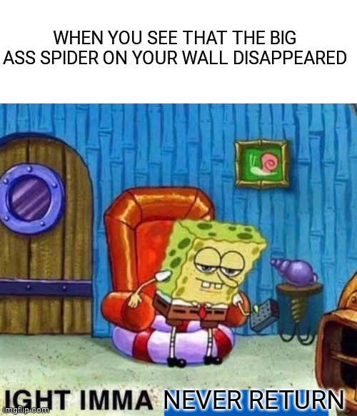 Spongebob Ight Imma Head Out | WHEN YOU SEE THAT THE BIG ASS SPIDER ON YOUR WALL DISAPPEARED; NEVER RETURN | image tagged in memes,spongebob ight imma head out | made w/ Imgflip meme maker