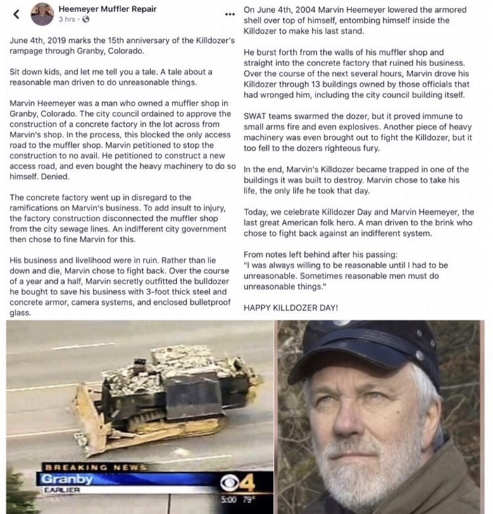 Happy Killdozer Day! | image tagged in killdozer,granby colorado,last stand,government corruption,tyranny,sic semper tyrannis | made w/ Imgflip meme maker