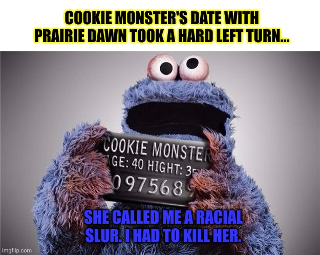 Sesame street lost episodes | SHE CALLED ME A RACIAL SLUR. I HAD TO KILL HER. COOKIE MONSTER'S DATE WITH PRAIRIE DAWN TOOK A HARD LEFT TURN... | image tagged in cookie monster,dates,prairie dawn,sesame street,oh no | made w/ Imgflip meme maker