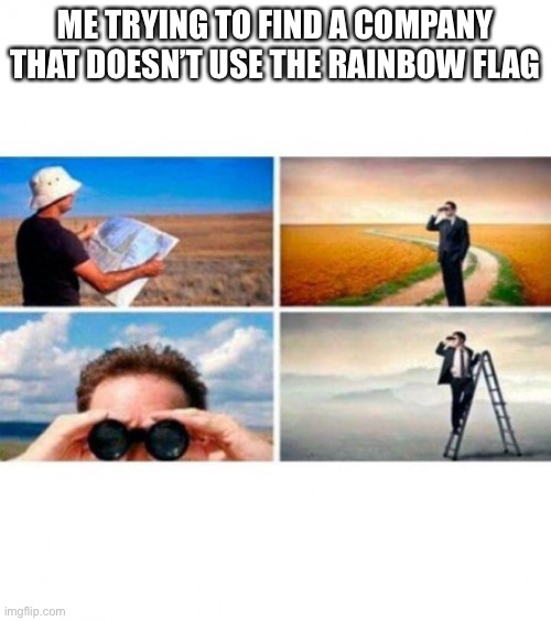 Me trying to find | ME TRYING TO FIND A COMPANY THAT DOESN’T USE THE RAINBOW FLAG | image tagged in me trying to find | made w/ Imgflip meme maker