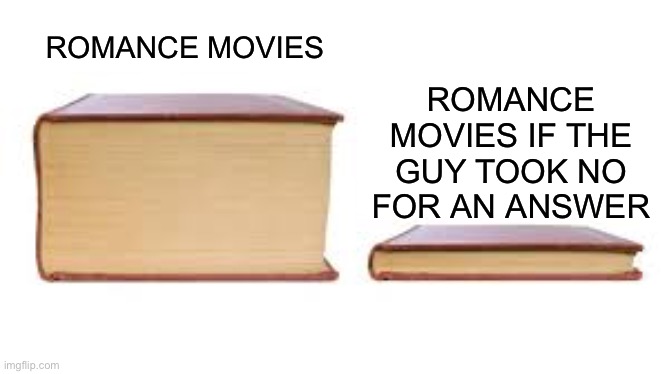 Romance is dead |  ROMANCE MOVIES IF THE GUY TOOK NO FOR AN ANSWER; ROMANCE MOVIES | image tagged in big book small book,funny,memes,relatable,romance,movies | made w/ Imgflip meme maker