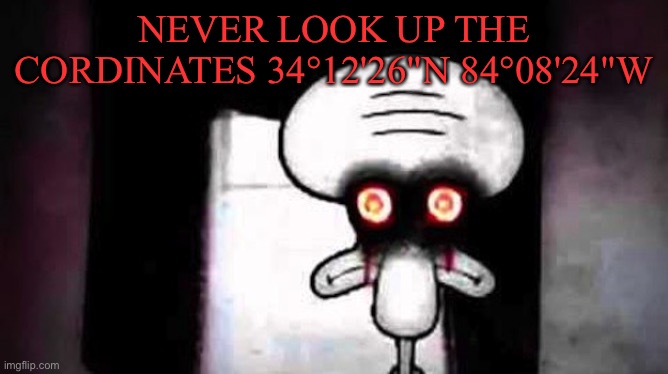 Squidwards Suicide | NEVER LOOK UP THE CORDINATES 34°12'26"N 84°08'24"W | image tagged in squidwards suicide | made w/ Imgflip meme maker