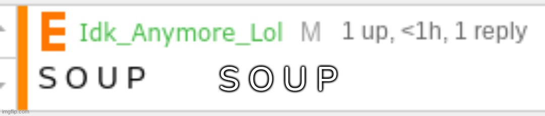S O U P (And no, you cannot break the S O U P chain) | S O U P | image tagged in s o u p,idk,stuff | made w/ Imgflip meme maker