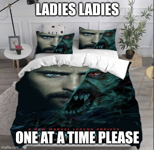 morbius bed | LADIES LADIES; ONE AT A TIME PLEASE | image tagged in morbius bed | made w/ Imgflip meme maker