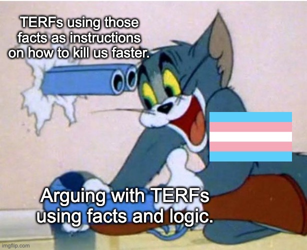 They want us dead. | TERFs using those facts as instructions on how to kill us faster. Arguing with TERFs using facts and logic. | image tagged in tom and jerry,trans rights,lgbtq,pride month | made w/ Imgflip meme maker