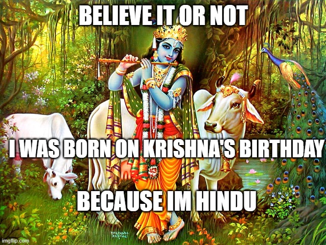 Hindus will understand | BELIEVE IT OR NOT; I WAS BORN ON KRISHNA'S BIRTHDAY; BECAUSE IM HINDU | image tagged in krishna | made w/ Imgflip meme maker
