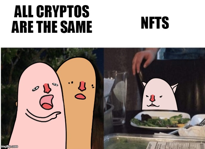 nft neut meme | NFTS; ALL CRYPTOS ARE THE SAME | image tagged in lady shouting at cat neut | made w/ Imgflip meme maker