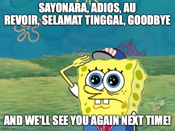 SAYONARA, ADIOS, AU REVOIR, SELAMAT TINGGAL, GOODBYE AND WE'LL SEE YOU AGAIN NEXT TIME! | image tagged in spongebob salute | made w/ Imgflip meme maker