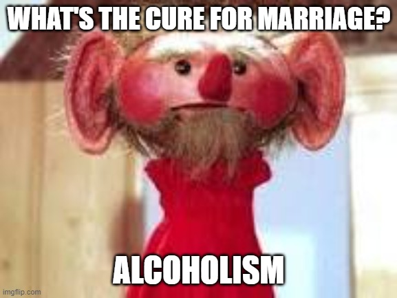 Scrawl | WHAT'S THE CURE FOR MARRIAGE? ALCOHOLISM | image tagged in scrawl | made w/ Imgflip meme maker