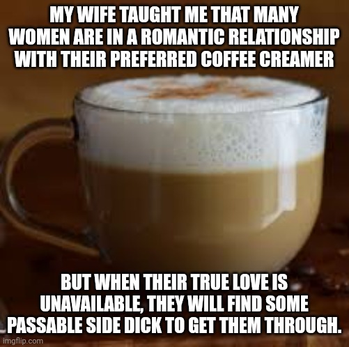 TIL | MY WIFE TAUGHT ME THAT MANY WOMEN ARE IN A ROMANTIC RELATIONSHIP WITH THEIR PREFERRED COFFEE CREAMER; BUT WHEN THEIR TRUE LOVE IS UNAVAILABLE, THEY WILL FIND SOME PASSABLE SIDE DICK TO GET THEM THROUGH. | image tagged in coffee | made w/ Imgflip meme maker