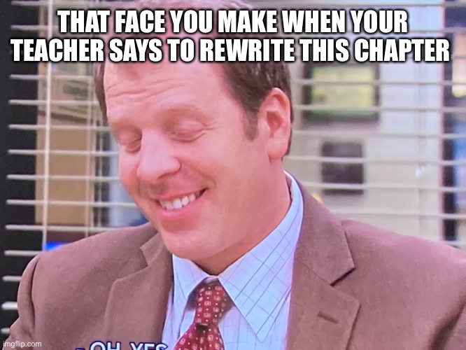 Clever title |  THAT FACE YOU MAKE WHEN YOUR TEACHER SAYS TO REWRITE THIS CHAPTER | image tagged in toby | made w/ Imgflip meme maker