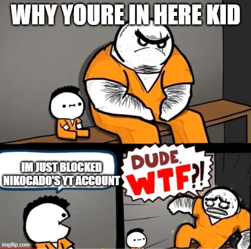 Surprised bulky prisoner | WHY YOURE IN HERE KID; IM JUST BLOCKED NIKOCADO'S YT ACCOUNT | image tagged in surprised bulky prisoner | made w/ Imgflip meme maker