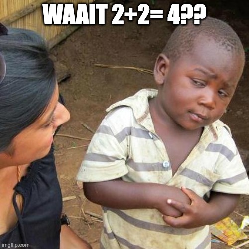Third World Skeptical Kid | WAAIT 2+2= 4?? | image tagged in memes,third world skeptical kid | made w/ Imgflip meme maker
