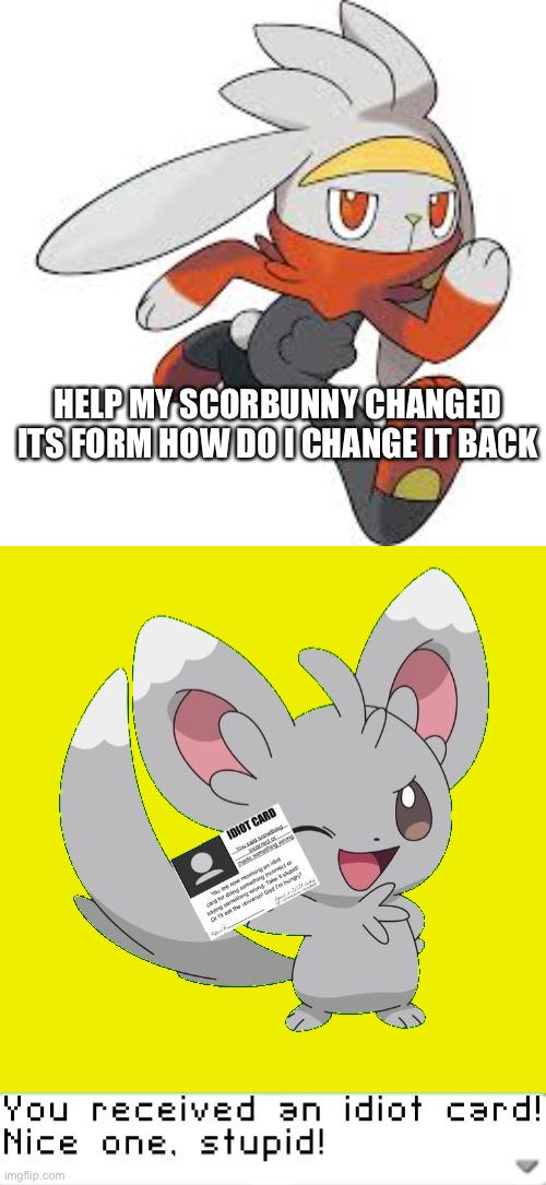 It’s called a raboot and say bye bye to scorbunny | HELP MY SCORBUNNY CHANGED ITS FORM HOW DO I CHANGE IT BACK | image tagged in you received an idiot card | made w/ Imgflip meme maker