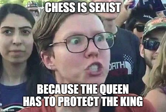 Triggered Liberal | CHESS IS SEXIST BECAUSE THE QUEEN HAS TO PROTECT THE KING | image tagged in triggered liberal | made w/ Imgflip meme maker