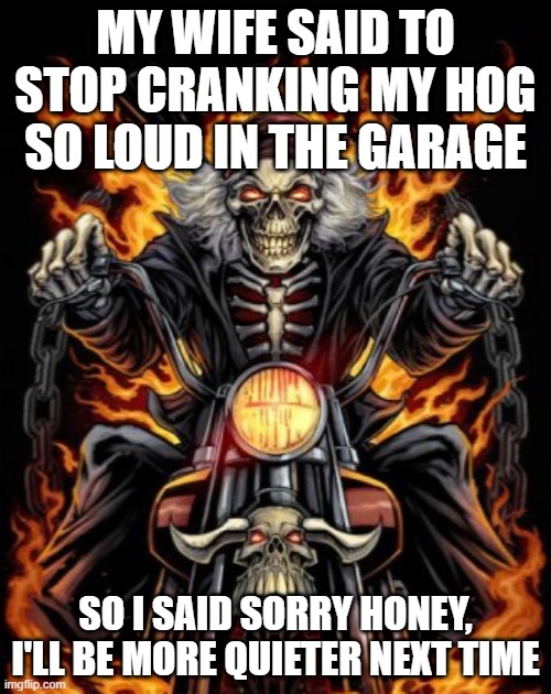 Only true biker's know ther feel | MY WIFE SAID TO STOP CRANKING MY HOG SO LOUD IN THE GARAGE; SO I SAID SORRY HONEY, I'LL BE MORE QUIETER NEXT TIME | image tagged in biker skeleton | made w/ Imgflip meme maker