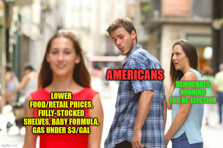 Distracted Boyfriend |  AMERICANS; DEMOCRATS RUNNING FOR RE-ELECTION; LOWER FOOD/RETAIL PRICES, FULLY-STOCKED SHELVES, BABY FORMULA, GAS UNDER $3/GAL | image tagged in memes,distracted boyfriend | made w/ Imgflip meme maker