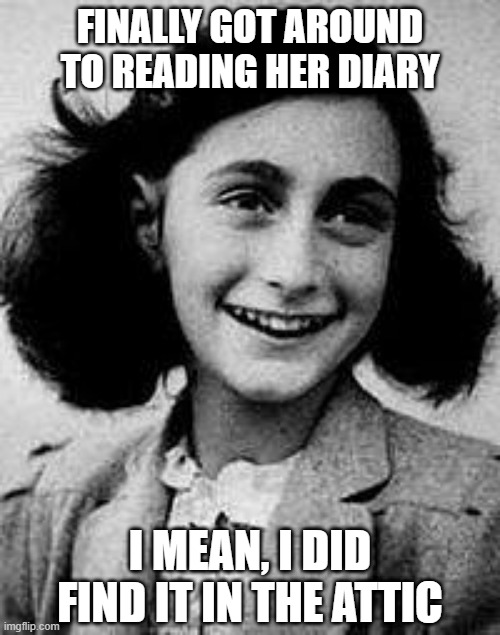 Good Story | FINALLY GOT AROUND TO READING HER DIARY; I MEAN, I DID FIND IT IN THE ATTIC | image tagged in anne frank | made w/ Imgflip meme maker