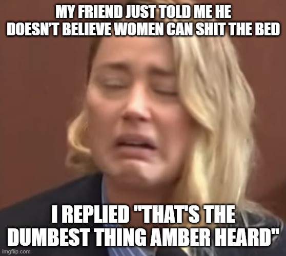 Poop | MY FRIEND JUST TOLD ME HE DOESN’T BELIEVE WOMEN CAN SHIT THE BED; I REPLIED "THAT'S THE DUMBEST THING AMBER HEARD" | image tagged in amber heard ugly cry | made w/ Imgflip meme maker