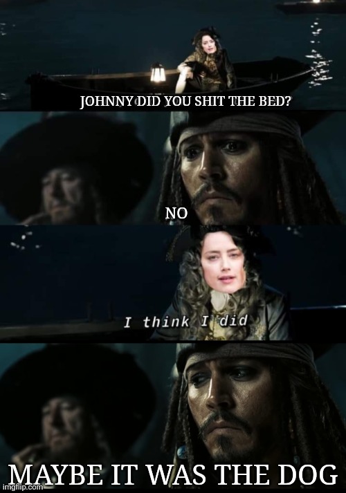 JUST BLAME THE DID LIKE SHE DID |  JOHNNY DID YOU SHIT THE BED? NO; MAYBE IT WAS THE DOG | image tagged in johnny depp,amber heard,amber turd,pirates of the caribbean,jack sparrow | made w/ Imgflip meme maker