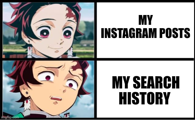 Oh no. | MY INSTAGRAM POSTS; MY SEARCH HISTORY | image tagged in tanjiro approval | made w/ Imgflip meme maker