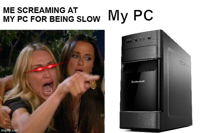 Woman Yelling At Cat | ME SCREAMING AT MY PC FOR BEING SLOW; My PC | image tagged in memes | made w/ Imgflip meme maker