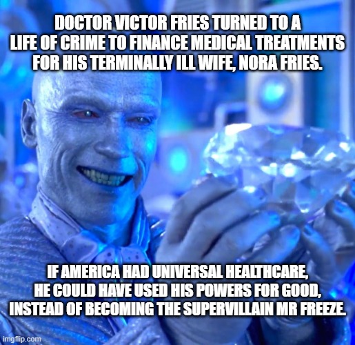 fixing Mr freeze... | DOCTOR VICTOR FRIES TURNED TO A LIFE OF CRIME TO FINANCE MEDICAL TREATMENTS FOR HIS TERMINALLY ILL WIFE, NORA FRIES. IF AMERICA HAD UNIVERSAL HEALTHCARE, HE COULD HAVE USED HIS POWERS FOR GOOD, INSTEAD OF BECOMING THE SUPERVILLAIN MR FREEZE. | image tagged in mr freeze schwarzenegger,dc comics,supervillain,he has a point,universal healthcare,not the real bad guy | made w/ Imgflip meme maker