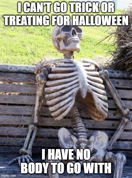Trick or Ughhhhhhh | I CAN'T GO TRICK OR TREATING FOR HALLOWEEN; I HAVE NO BODY TO GO WITH | image tagged in memes,waiting skeleton | made w/ Imgflip meme maker