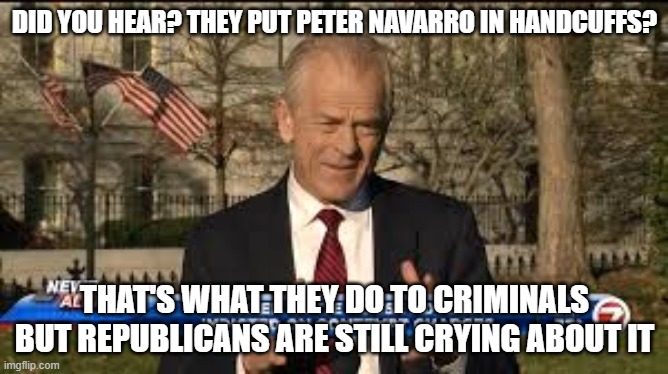 Peter Navarro Indicted | DID YOU HEAR? THEY PUT PETER NAVARRO IN HANDCUFFS? THAT'S WHAT THEY DO TO CRIMINALS BUT REPUBLICANS ARE STILL CRYING ABOUT IT | image tagged in peter navarro indicted | made w/ Imgflip meme maker