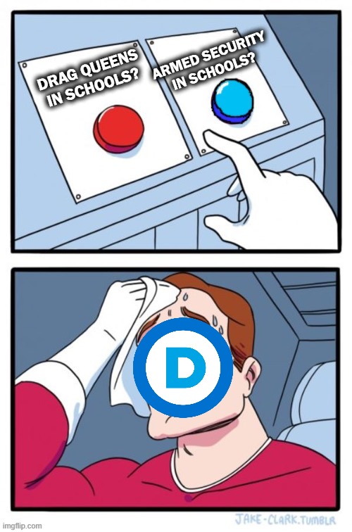 Democrat Dilemma - - Choices | ARMED SECURITY 
IN SCHOOLS? DRAG QUEENS IN SCHOOLS? | image tagged in political meme,democrat,dilemma,choices,gender agenda,security | made w/ Imgflip meme maker