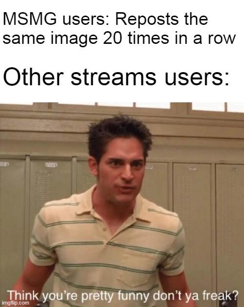 MSMG users: Reposts the same image 20 times in a row; Other streams users: | made w/ Imgflip meme maker