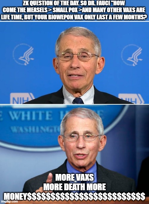 mRna is not a vax it is DNA altering . more and more people are finding out every day. | ZK QUESTION OF THE DAY. SO DR. FAUCI "HOW COME THE MEASELS > SMALL POX >AND MANY OTHER VAXS ARE LIFE TIME, BUT YOUR BIOWEPON VAX ONLY LAST A FEW MONTHS? MORE VAXS MORE DEATH MORE MONEY$$$$$$$$$$$$$$$$$$$$$$$$$ | image tagged in dr fauci | made w/ Imgflip meme maker