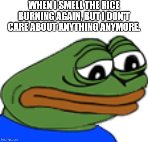 Sadge | WHEN I SMELL THE RICE BURNING AGAIN, BUT I DON'T CARE ABOUT ANYTHING ANYMORE. | image tagged in sadge | made w/ Imgflip meme maker