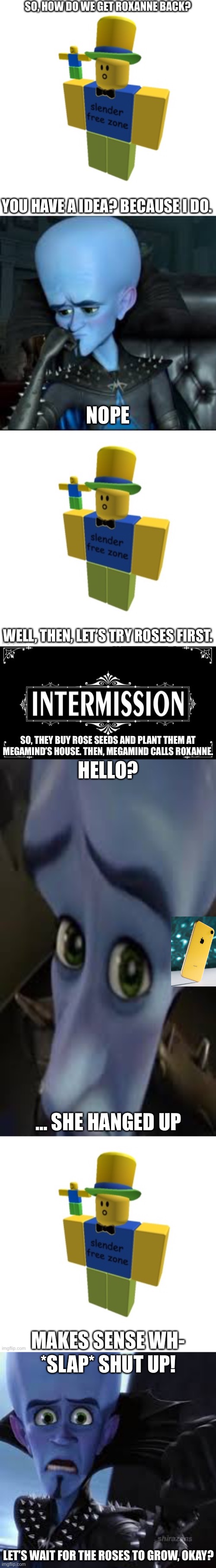 The No B Story part 3 | SO, HOW DO WE GET ROXANNE BACK? YOU HAVE A IDEA? BECAUSE I DO. NOPE; WELL, THEN, LET’S TRY ROSES FIRST. SO, THEY BUY ROSE SEEDS AND PLANT THEM AT MEGAMIND’S HOUSE. THEN, MEGAMIND CALLS ROXANNE. HELLO? … SHE HANGED UP; MAKES SENSE WH-; *SLAP* SHUT UP! LET’S WAIT FOR THE ROSES TO GROW, OKAY? | image tagged in the no b story | made w/ Imgflip meme maker