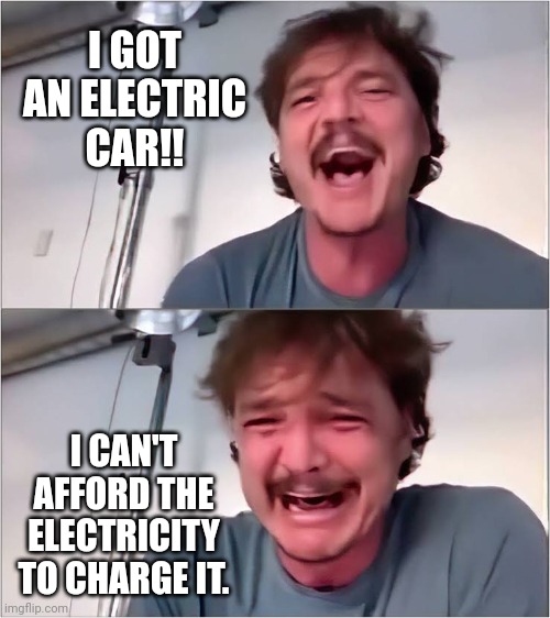 Electricity costs too damn much too. | I GOT AN ELECTRIC CAR!! I CAN'T AFFORD THE ELECTRICITY TO CHARGE IT. | image tagged in pedro pascal | made w/ Imgflip meme maker