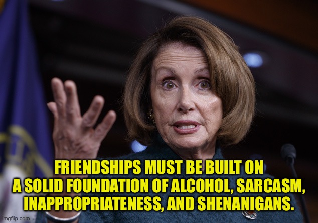 Nancy Pelosi | FRIENDSHIPS MUST BE BUILT ON A SOLID FOUNDATION OF ALCOHOL, SARCASM, INAPPROPRIATENESS, AND SHENANIGANS. | image tagged in good old nancy pelosi | made w/ Imgflip meme maker