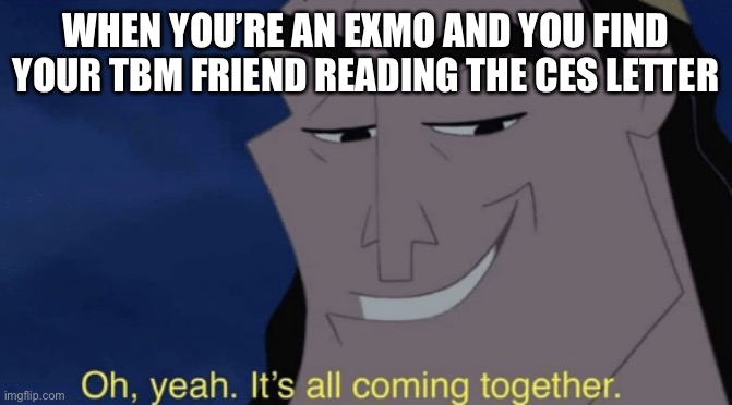 Exmo | WHEN YOU’RE AN EXMO AND YOU FIND YOUR TBM FRIEND READING THE CES LETTER | image tagged in it's all coming together | made w/ Imgflip meme maker