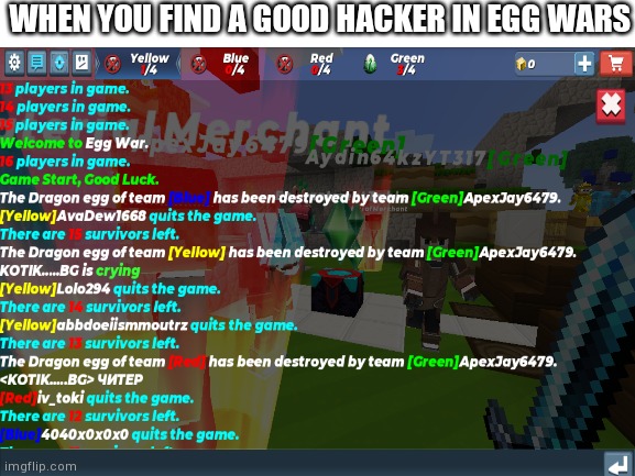 finding a good hacker in egg wars: | WHEN YOU FIND A GOOD HACKER IN EGG WARS | image tagged in blockman go,hacker,egg,memes | made w/ Imgflip meme maker