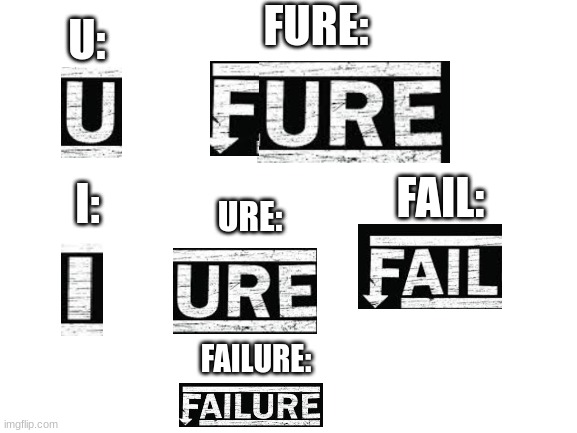 Failure | U:; FURE:; FAIL:; I:; URE:; FAILURE: | image tagged in blank white template | made w/ Imgflip meme maker