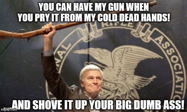 NRA | YOU CAN HAVE MY GUN WHEN YOU PRY IT FROM MY COLD DEAD HANDS! ....AND SHOVE IT UP YOUR BIG DUMB ASS! | image tagged in 2nd amendment,guns,charlton heston,nra,cold dead hands | made w/ Imgflip meme maker