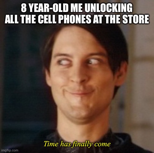 (And I still do this until this very day) |  8 YEAR-OLD ME UNLOCKING ALL THE CELL PHONES AT THE STORE; Time has finally come | image tagged in naughty tobey,funny,cell phone,brazil,brasil,shopping | made w/ Imgflip meme maker