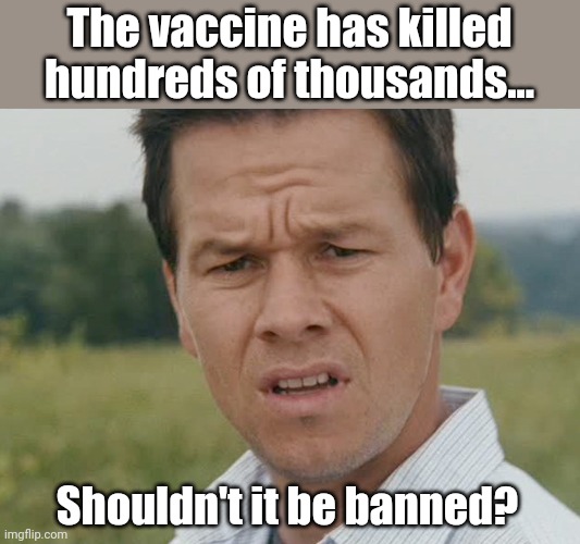 It is a logical question. | The vaccine has killed hundreds of thousands... Shouldn't it be banned? | image tagged in huh | made w/ Imgflip meme maker