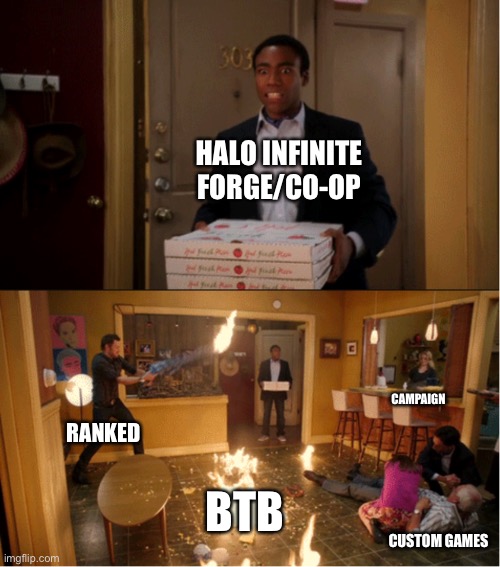 Community Fire Pizza Meme | HALO INFINITE FORGE/CO-OP; CAMPAIGN; RANKED; BTB; CUSTOM GAMES | image tagged in community fire pizza meme | made w/ Imgflip meme maker