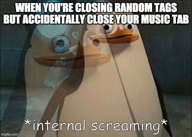 p.a.i.n | WHEN YOU'RE CLOSING RANDOM TAGS BUT ACCIDENTALLY CLOSE YOUR MUSIC TAB | image tagged in private internal screaming,pain,music | made w/ Imgflip meme maker